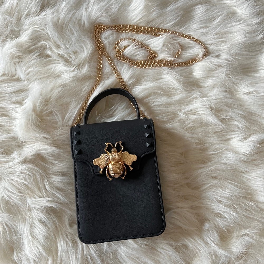 Crossbody Black Gold Chain + Bee Embellished Purse